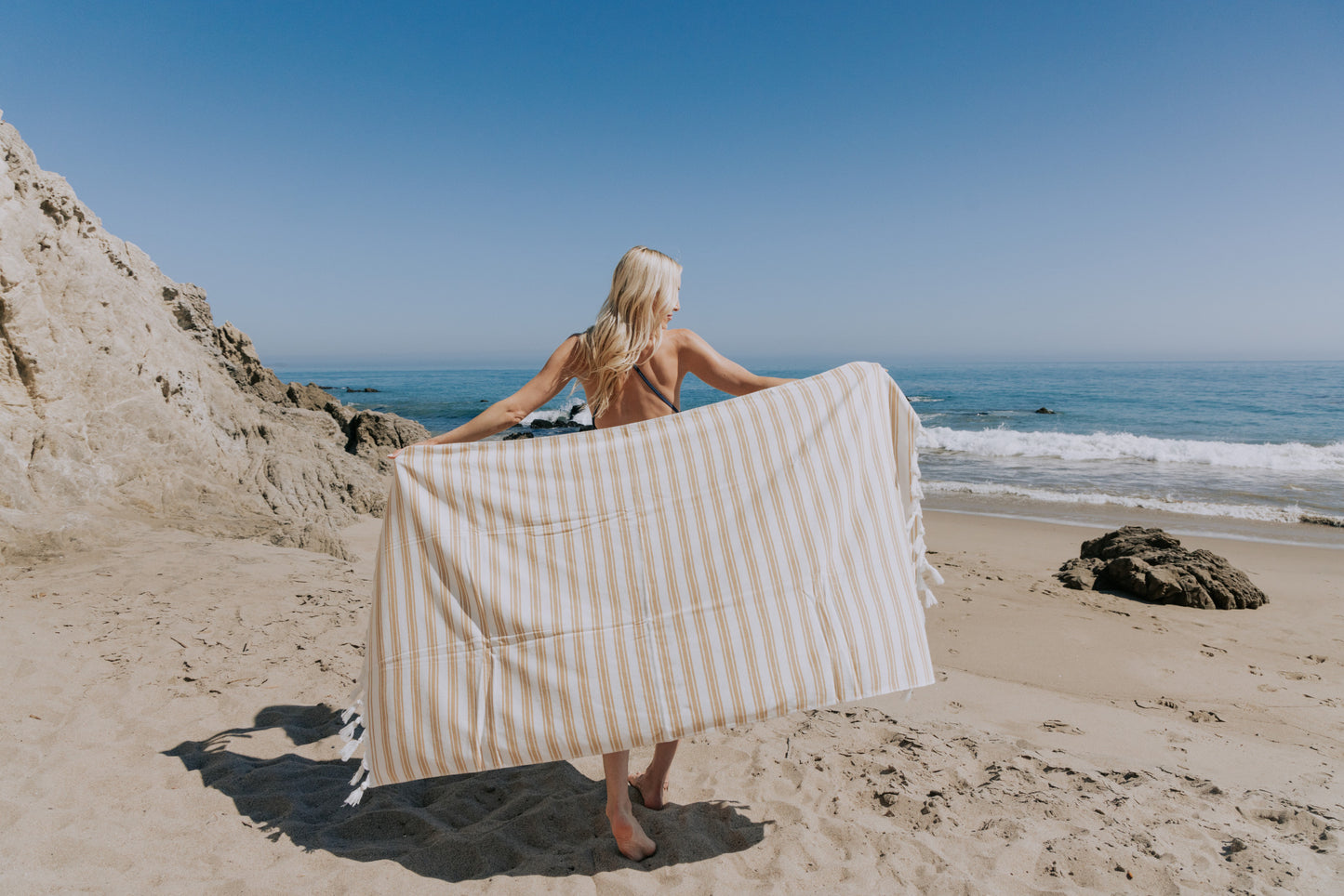 Bask Striped Organic Turkish Towel with Soft Terry Cloth Back in Mustard