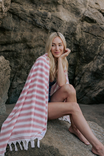 Bask Striped Organic Turkish Towel with Soft Terry Cloth Back in Red