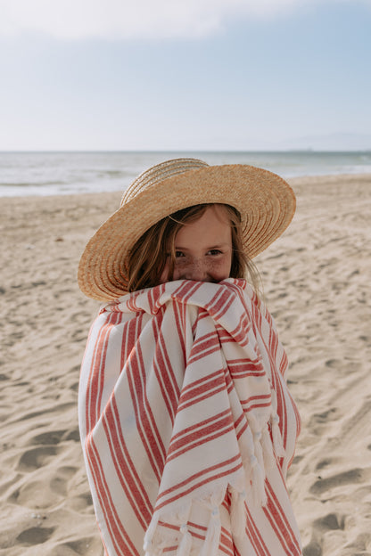 Bask Striped Organic Turkish Towel with Soft Terry Cloth Back in Red