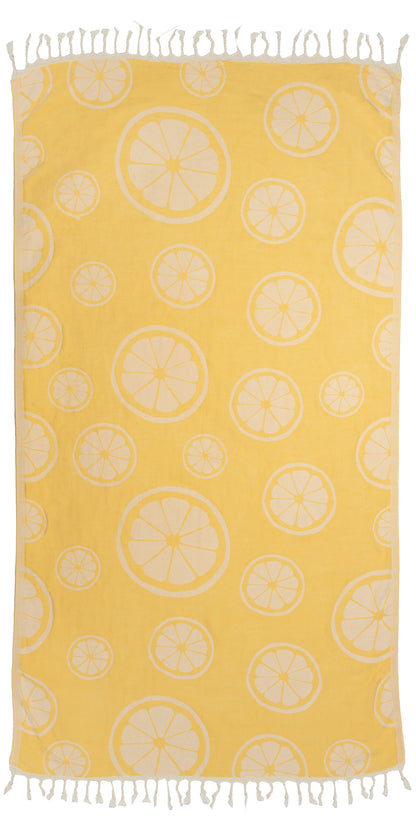 Citrus Print Cotton Reversible Turkish Towel in Lemon