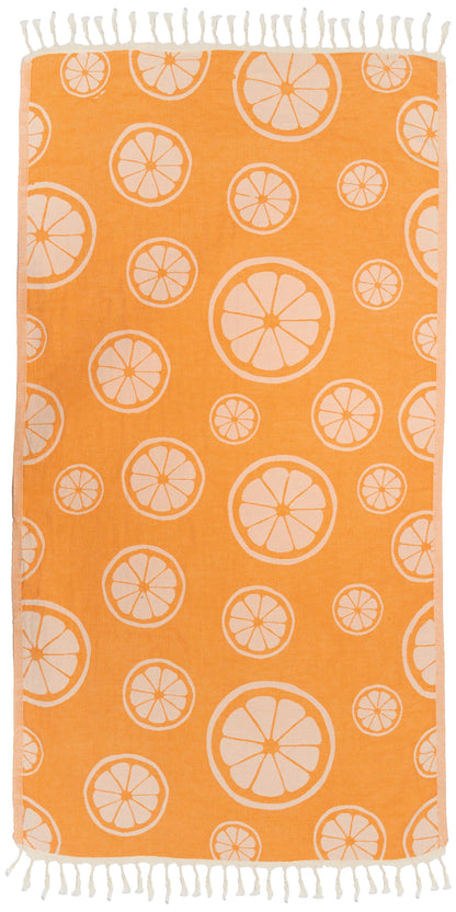 Citrus Print Cotton Reversible Turkish Towel in Orange