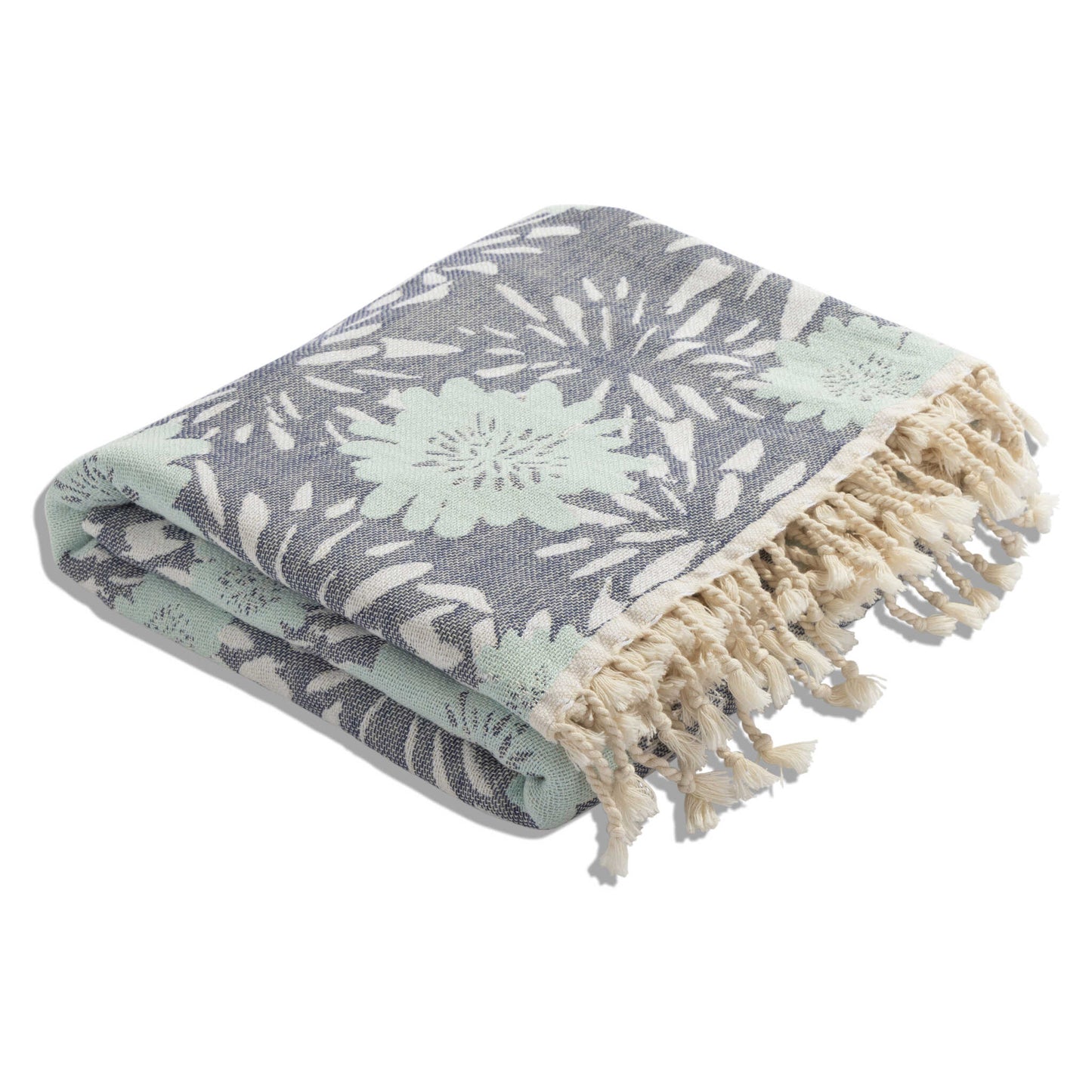 Flower Pop Organic Cotton Medium Weight Throw Blanket in Navy & Mint