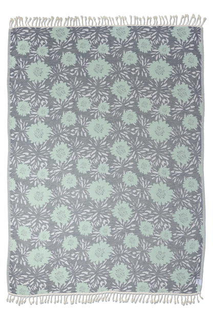 Flower Pop Organic Cotton Medium Weight Throw Blanket in Navy & Mint