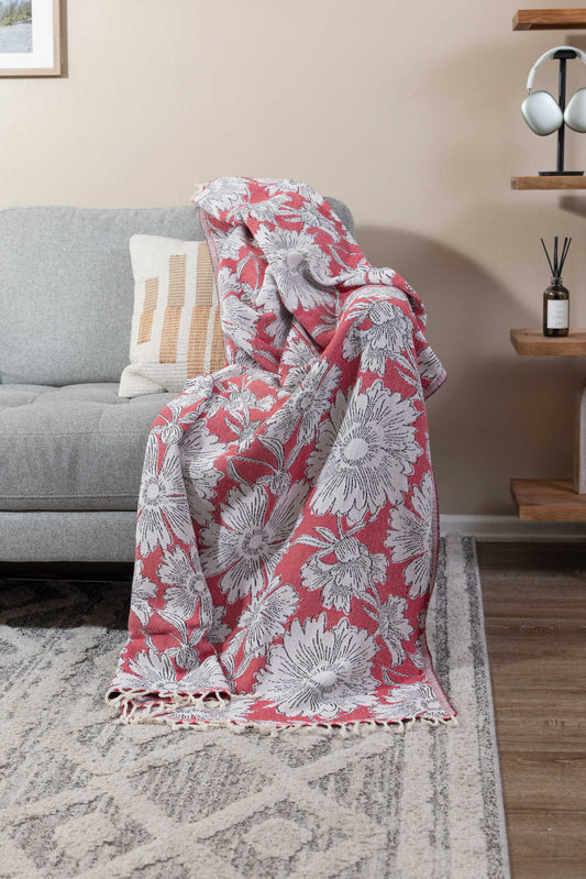 Garden Flower Organic Cotton Medium Weight Throw Blanket in Red