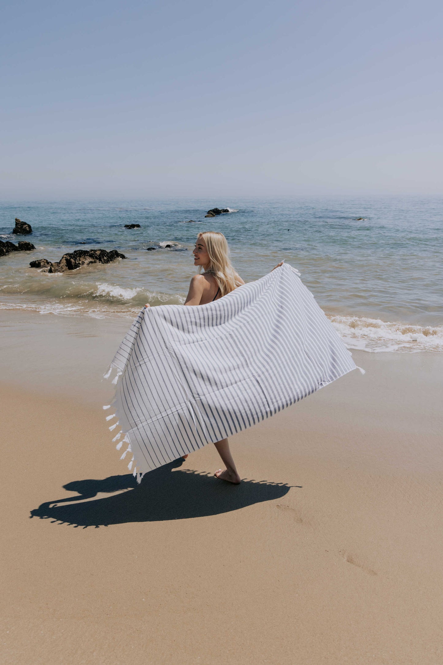 Gradient Striped Organic Turkish Towel with Soft Terry Cloth Back in Navy