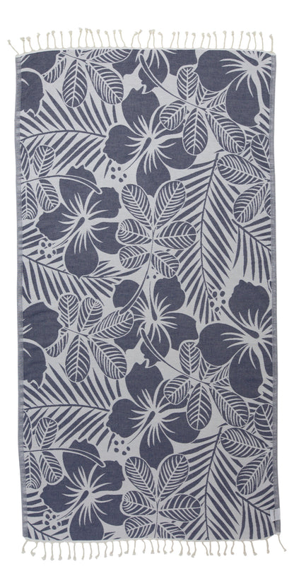 Hawaiian Flower Print Reversible Turkish Towel Made From 100% Cotton in Navy