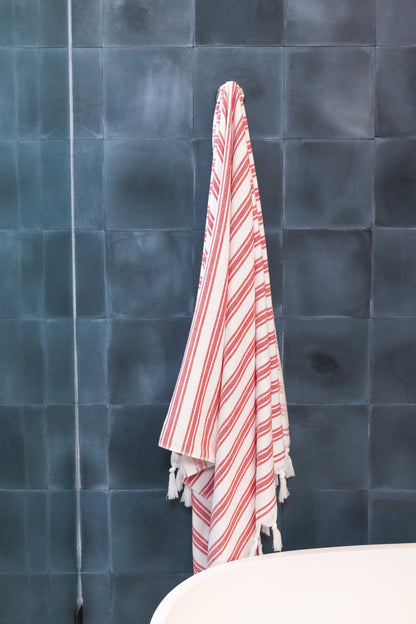 Bask Striped Organic Turkish Towel with Soft Terry Cloth Back in Red