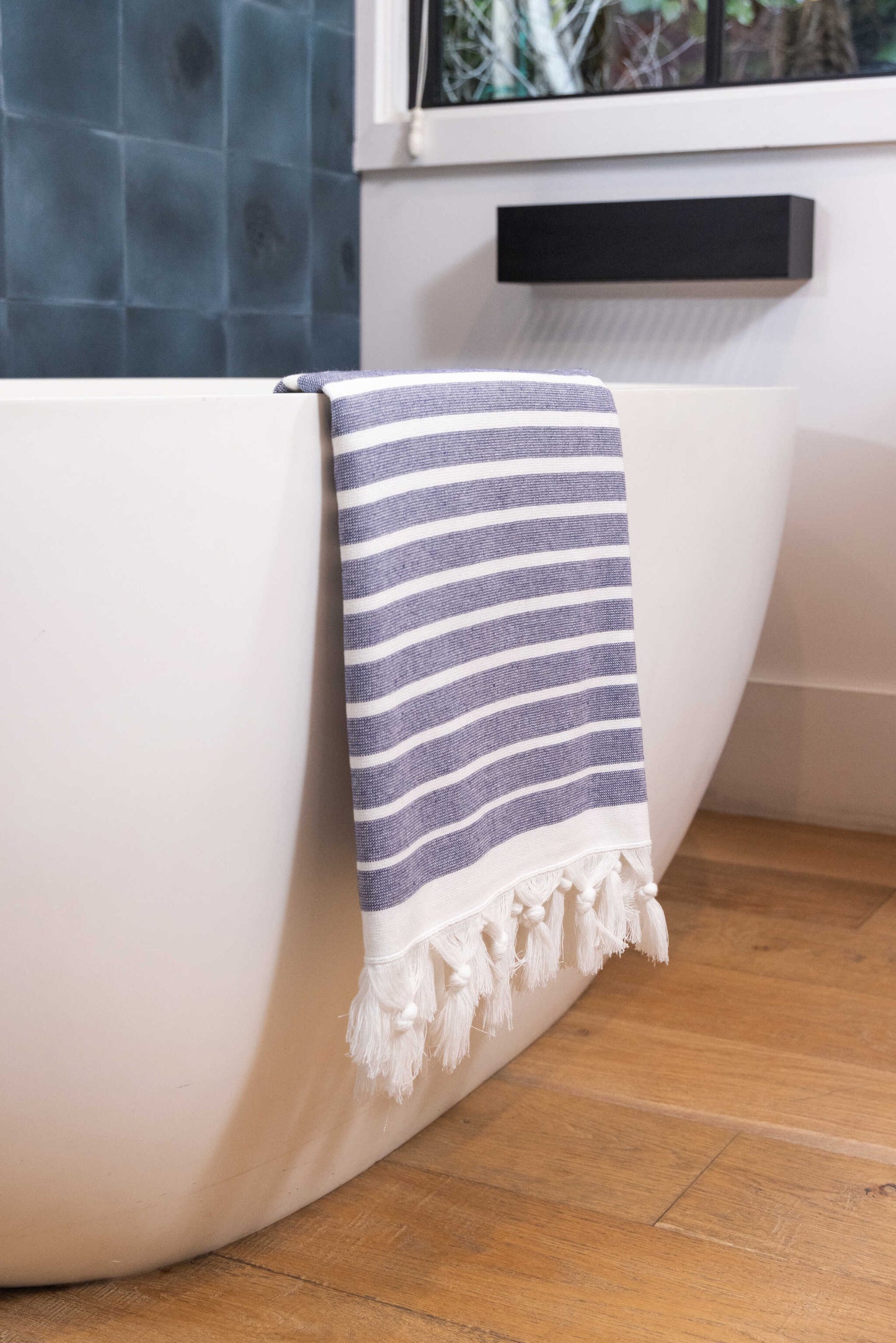 Gradient Striped Organic Turkish Towel with Soft Terry Cloth Back in Navy