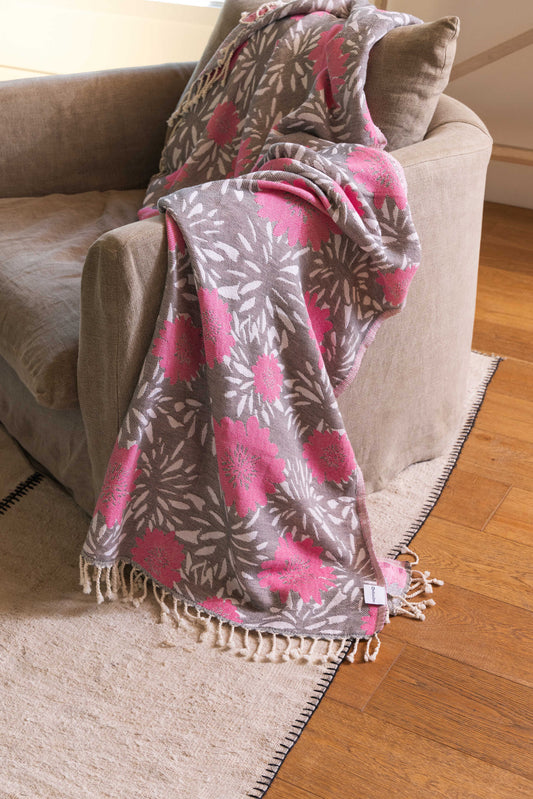 Flower Pop Organic Cotton Medium Weight Throw Blanket in Grey & Pink