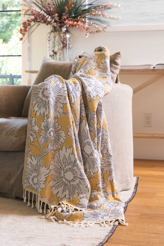 Garden Flower Organic Cotton Medium Weight Throw Blanket in Mustard