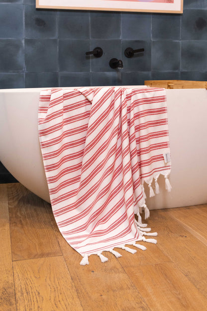 Bask Striped Organic Turkish Towel with Soft Terry Cloth Back in Red