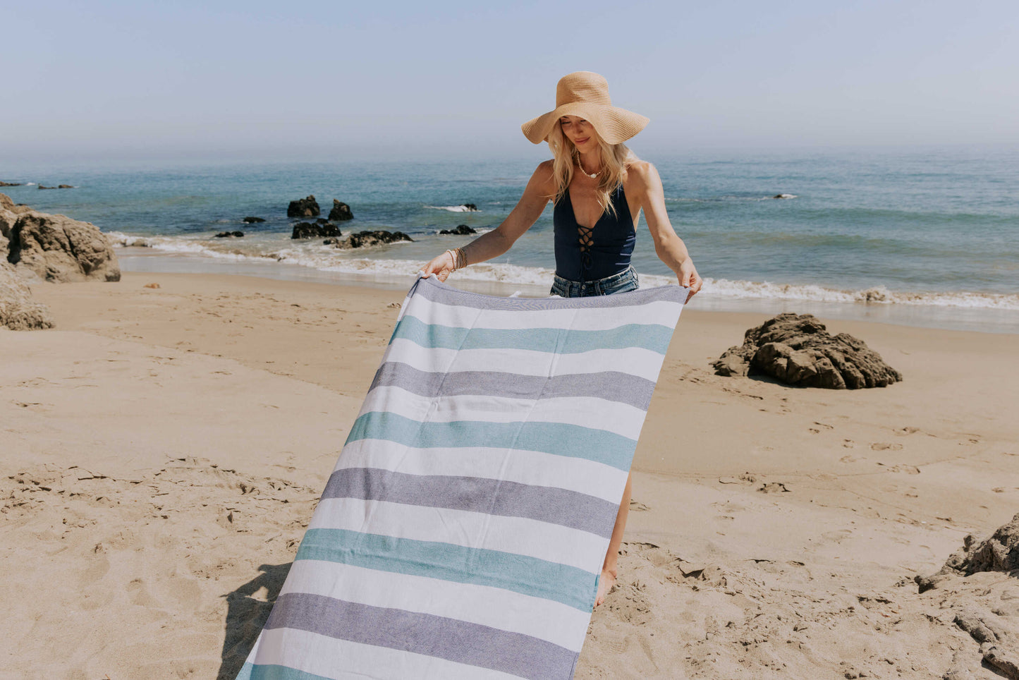 Kapris Striped Organic Turkish Towel with Soft Terry Cloth Lining in Aqua, Navy and White