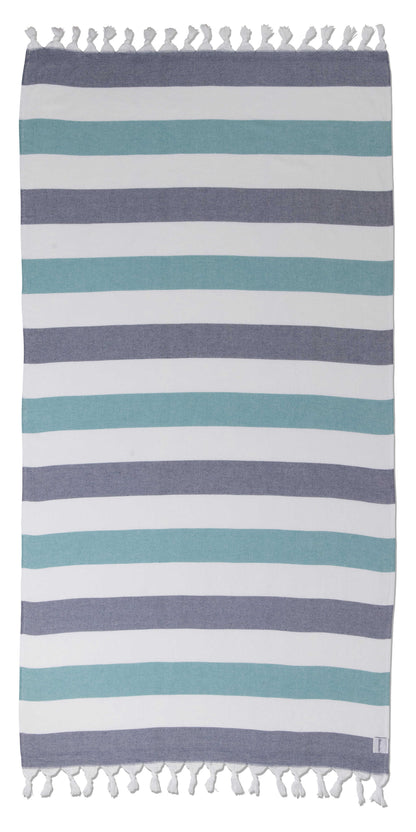 Kapris Striped Organic Turkish Towel with Soft Terry Cloth Lining in Aqua, Navy and White