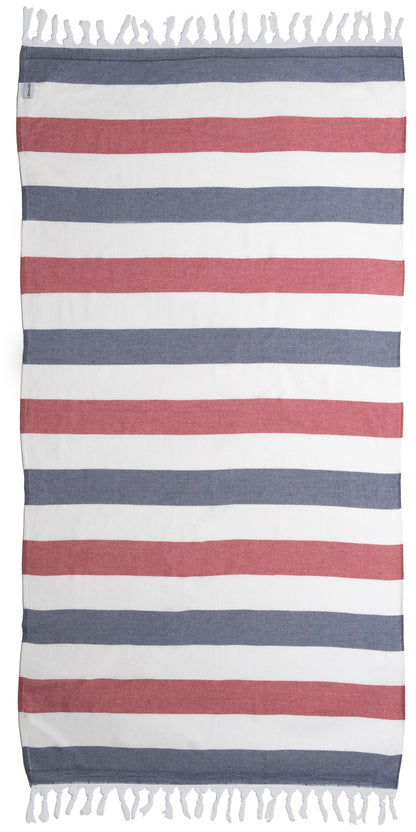 Kapris Striped Turkish Towel with Soft Terry Cloth Back in Red and Navy Blue