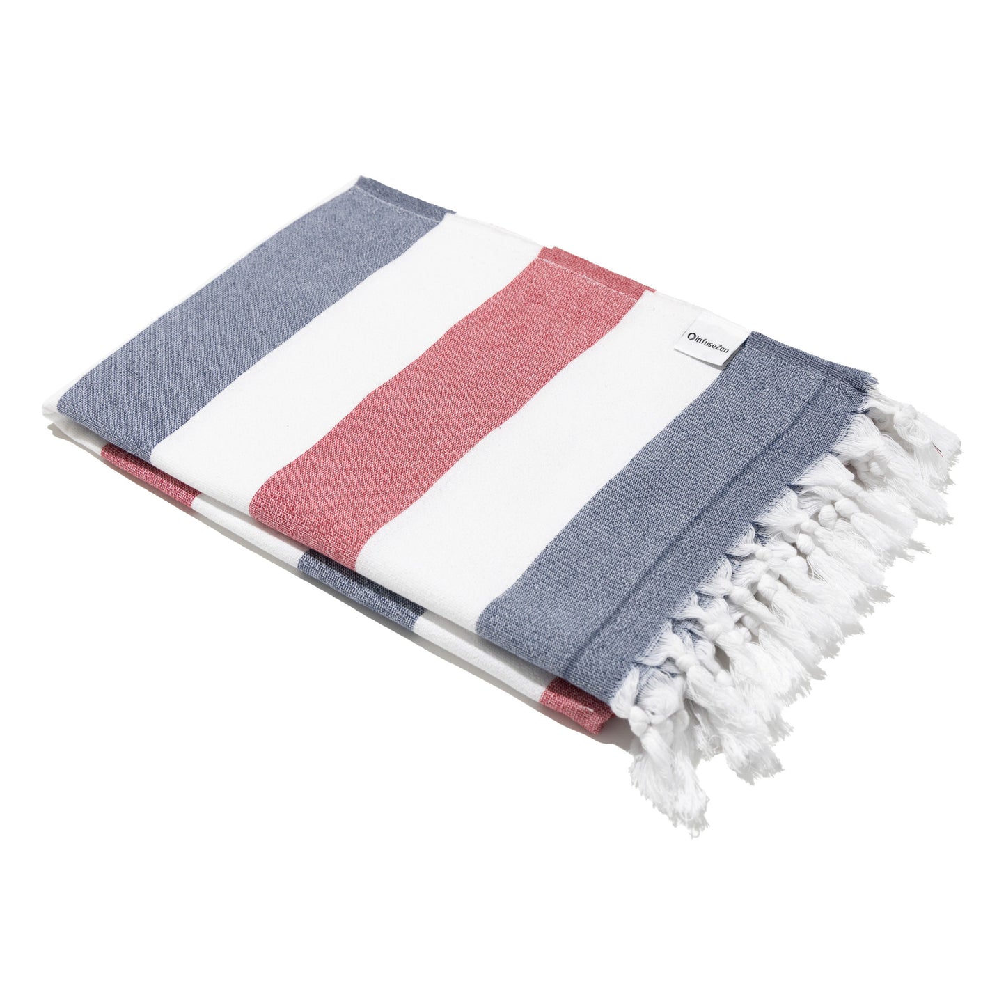 Kapris Striped Turkish Towel with Soft Terry Cloth Back in Red and Navy Blue