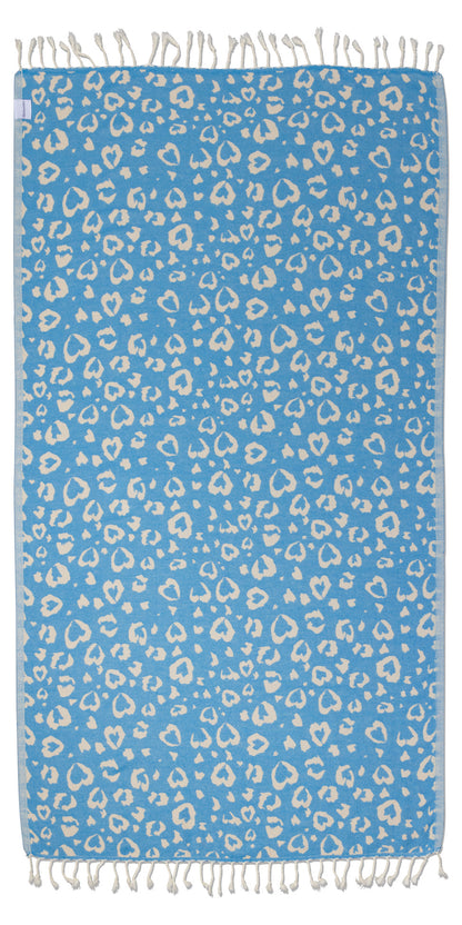 Leopard Heart Organic Turkish Towel in Blue