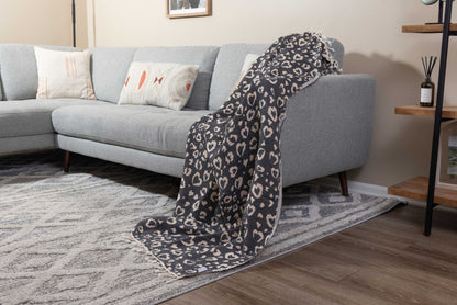 Leopard Heart Organic Cotton Medium Weight Throw Blanket in Black & Natural