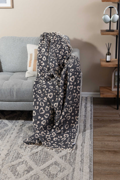 Leopard Heart Organic Cotton Medium Weight Throw Blanket in Black & Natural