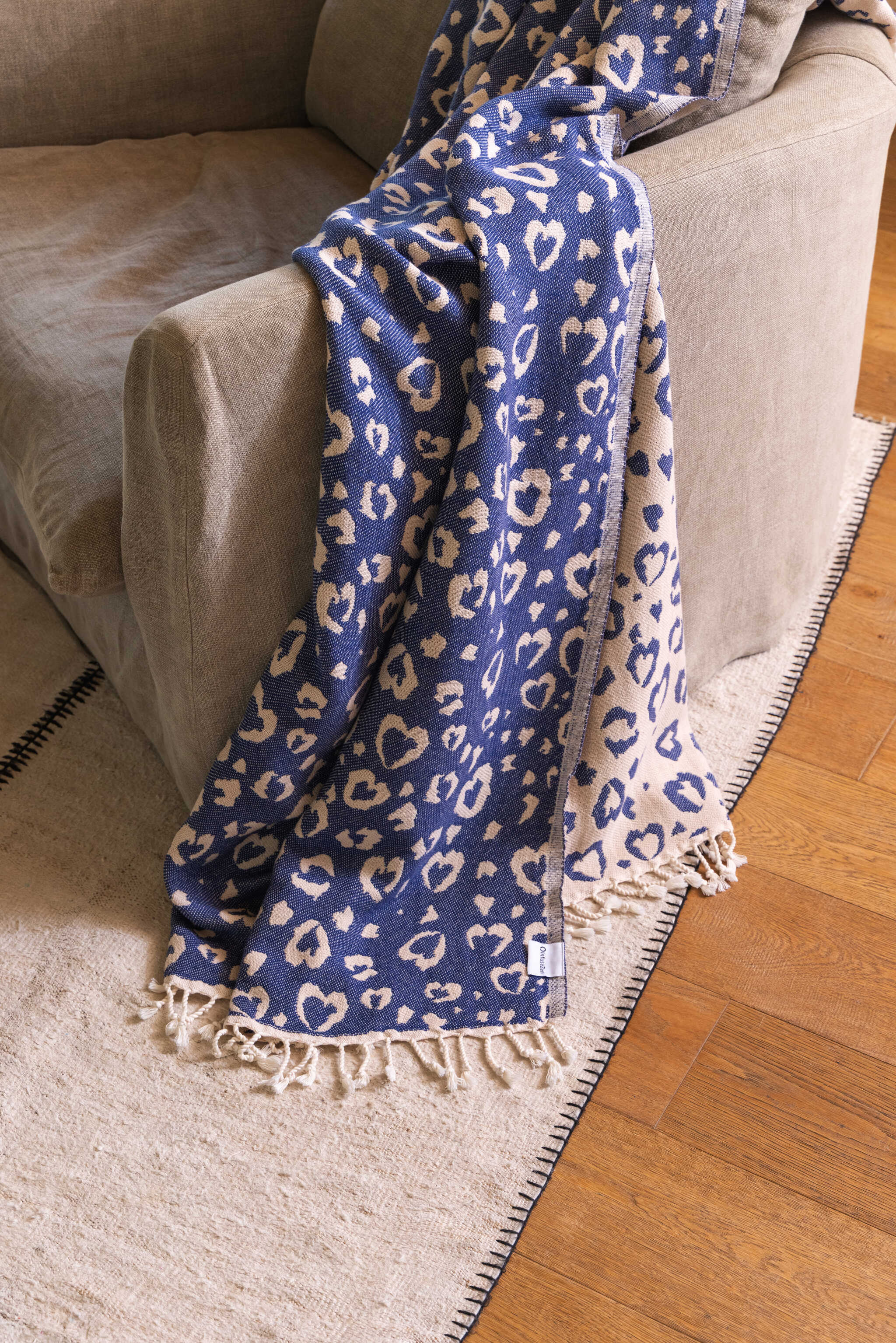 Navy Blue Cotton Turkish Throw Blanket Organic Leopard Heart InfuseZen