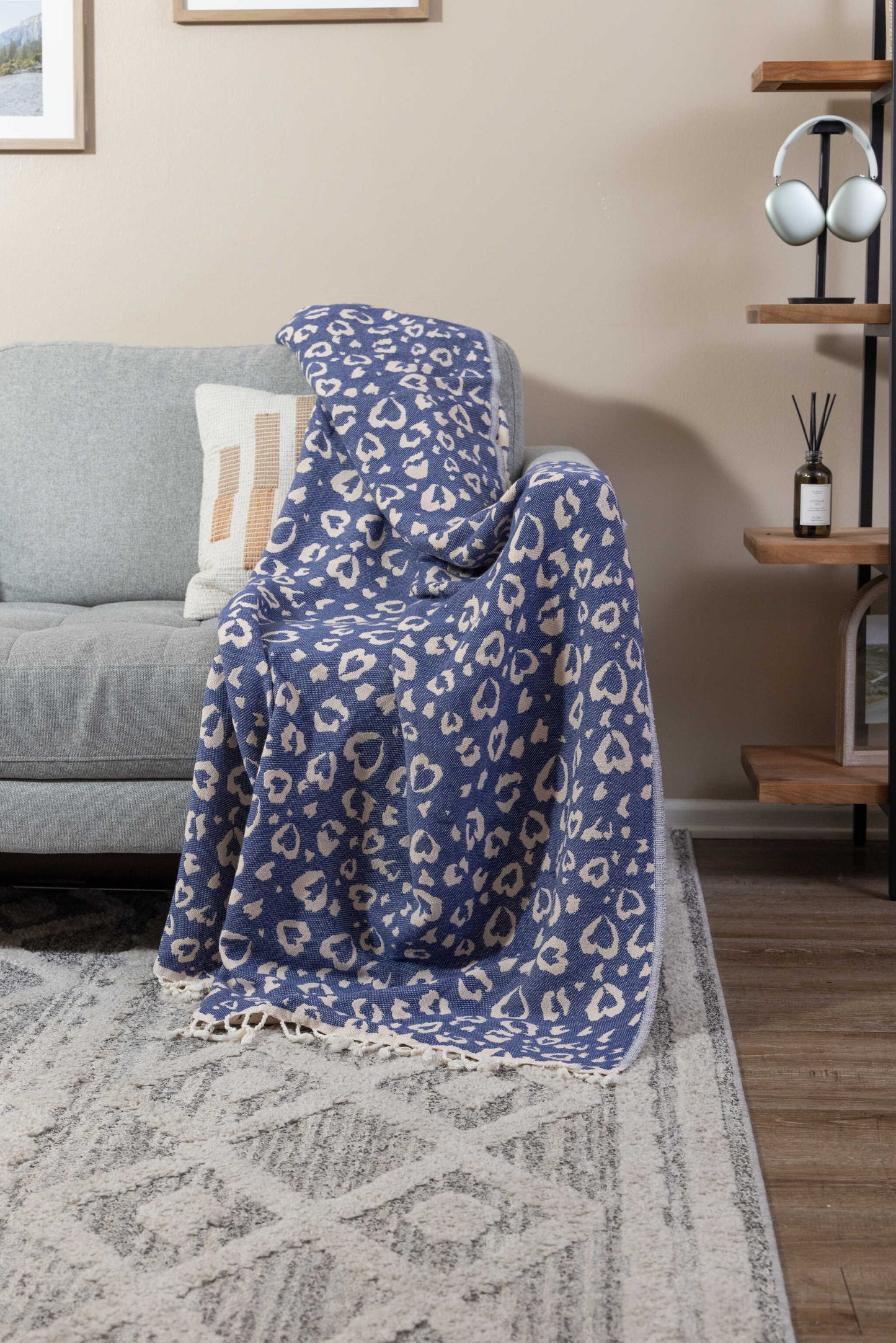 Leopard Heart Organic Cotton Medium Weight Throw Blanket in Navy & Natural