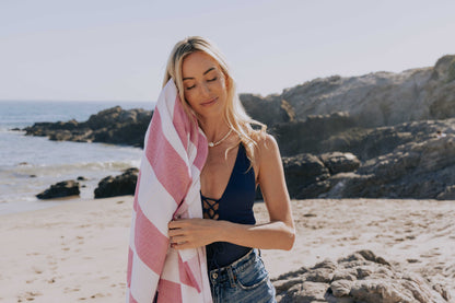 Marine Striped Organic Turkish Towel with Soft Terry Cloth Lining in Fuchsia & Grey