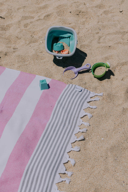 Marine Striped Organic Turkish Towel with Soft Terry Cloth Lining in Fuchsia & Grey