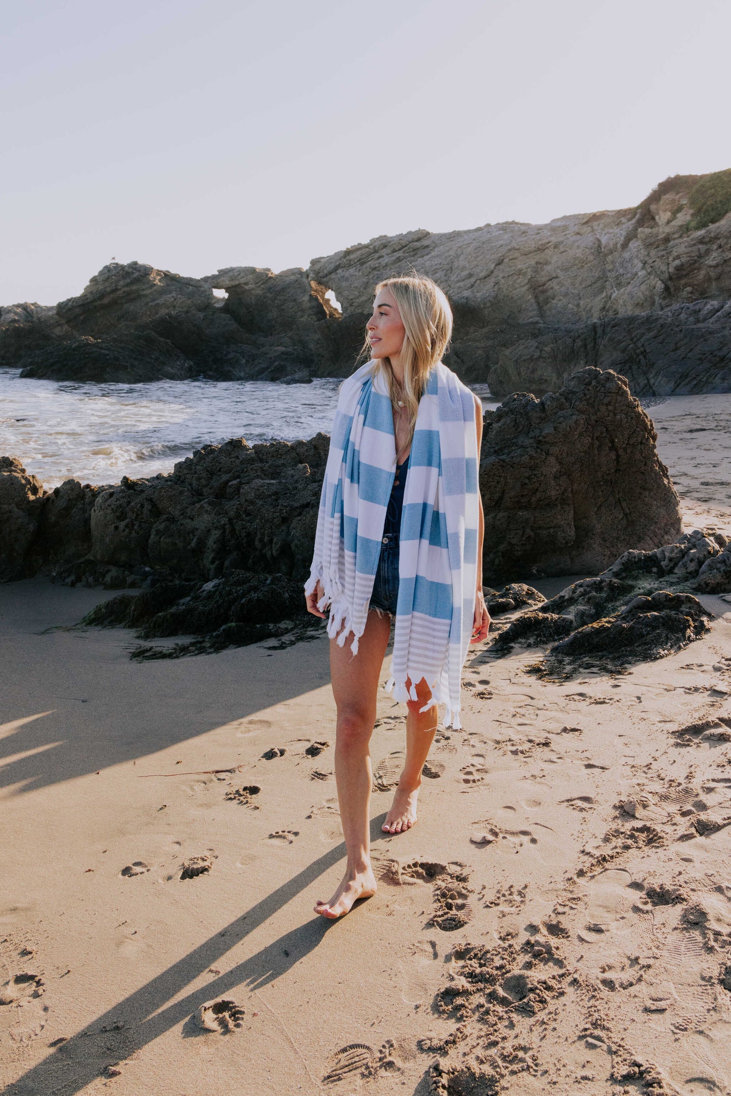 Marine Striped Organic Turkish Towel with Soft Terry Cloth Lining in Turquoise & Grey