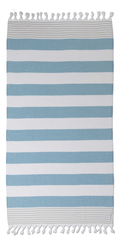 Marine Striped Organic Turkish Towel with Soft Terry Cloth Lining in Turquoise & Grey