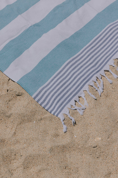 Marine Striped Organic Turkish Towel with Soft Terry Cloth Lining in Aqua & Navy