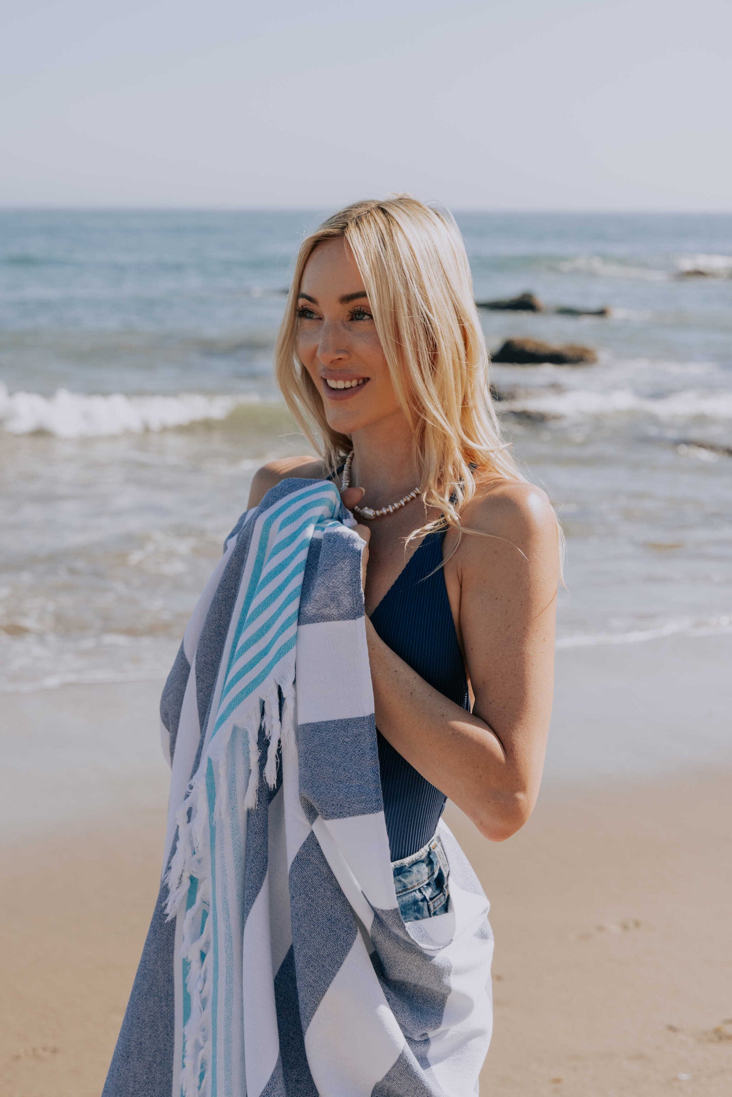 Marine Striped Turkish Towel with Soft Terry Cloth Back in Navy & Blue