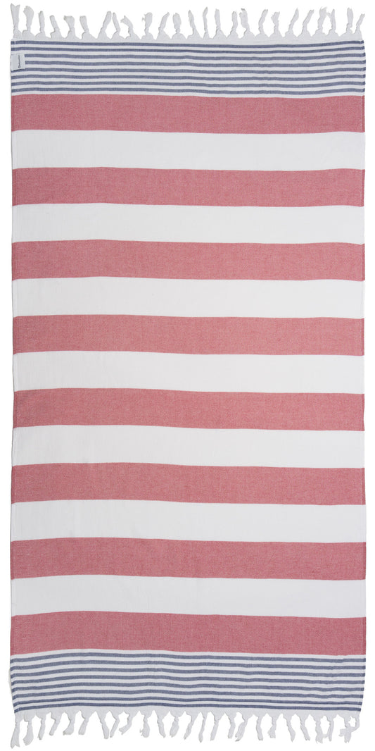 Marine Striped Turkish Towel with Soft Terry Cloth Back in Red and Navy