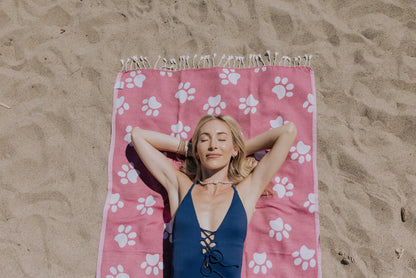 Paw Print Organic Turkish Towel in Fuchsia