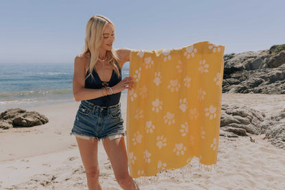 Paw Print Organic Turkish Towel in Yellow