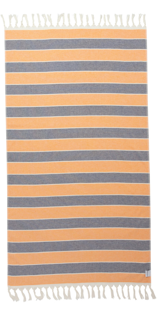 Multi Stripe Terry Cloth Lined Turkish Towel in Orange and Navy Blue