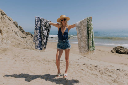 Whimsical Flower Organic Turkish Towel in Navy Blue