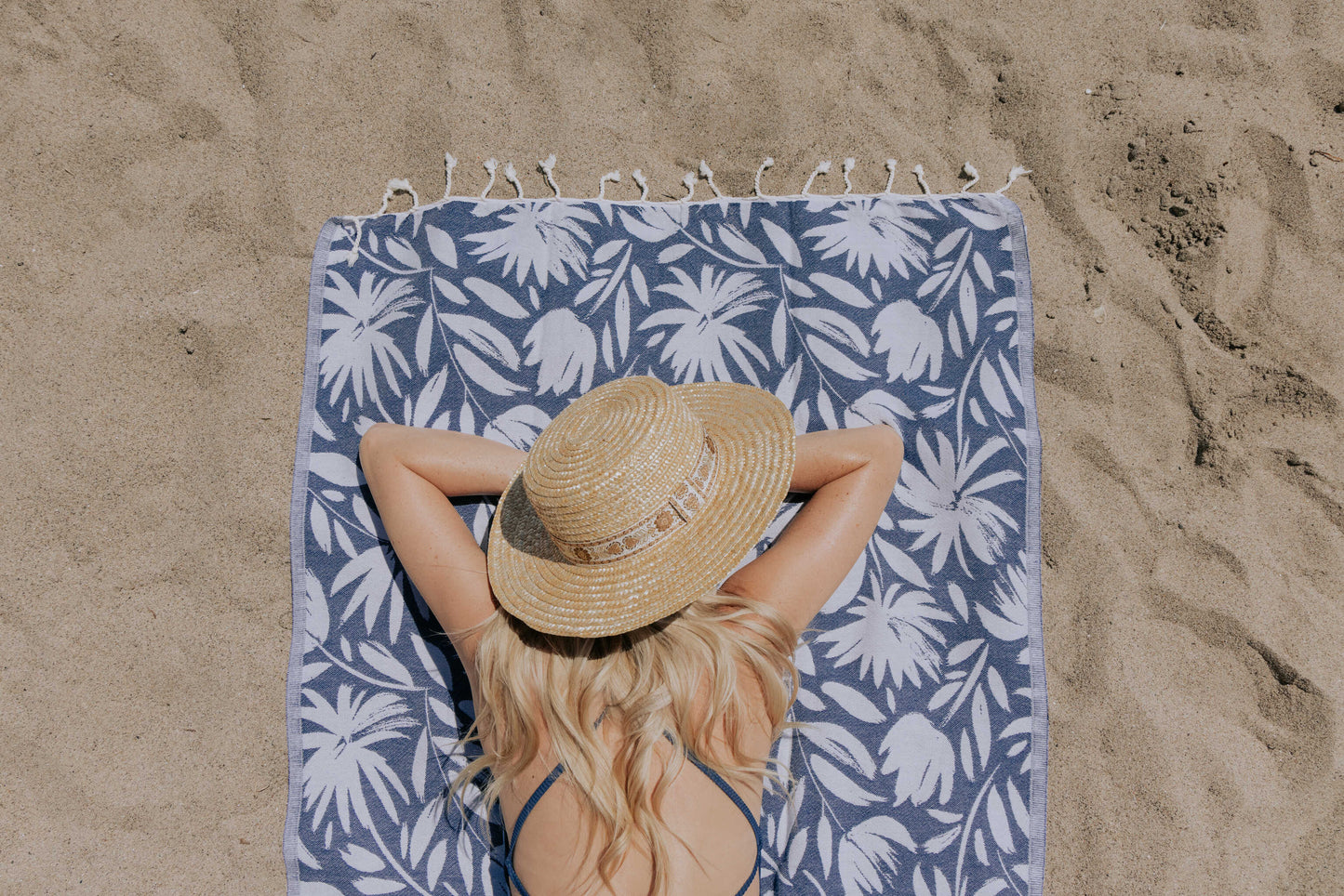 Whimsical Flower Organic Turkish Towel in Navy Blue