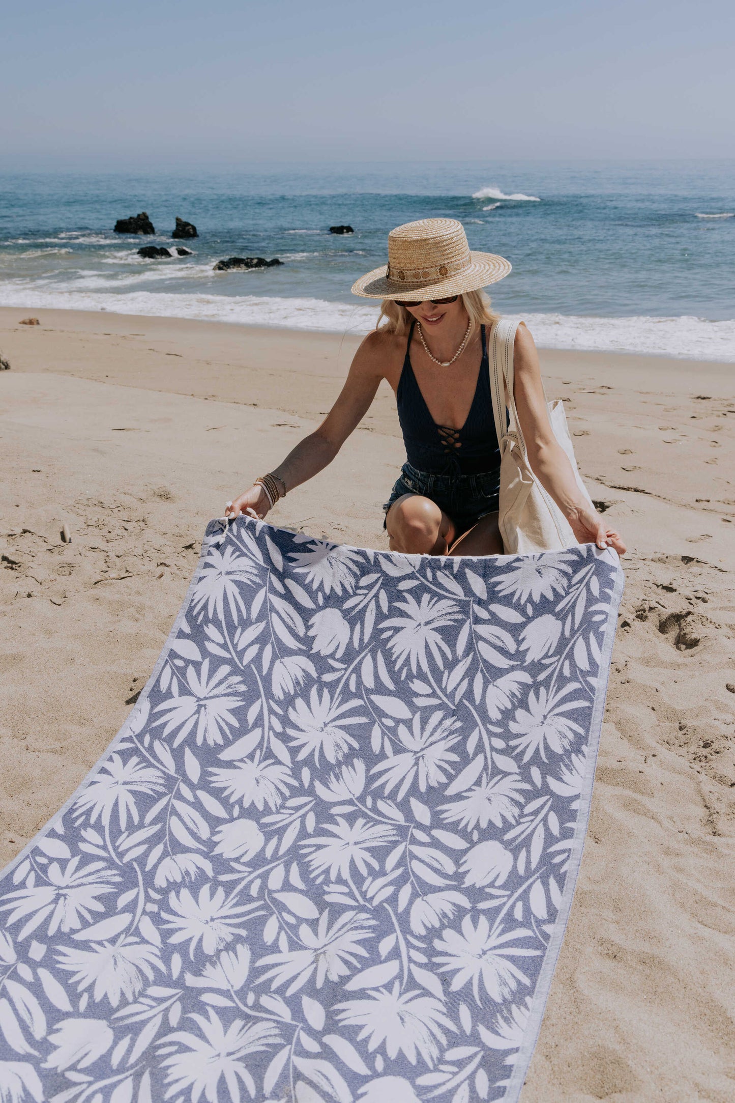 Whimsical Flower Organic Turkish Towel in Navy Blue