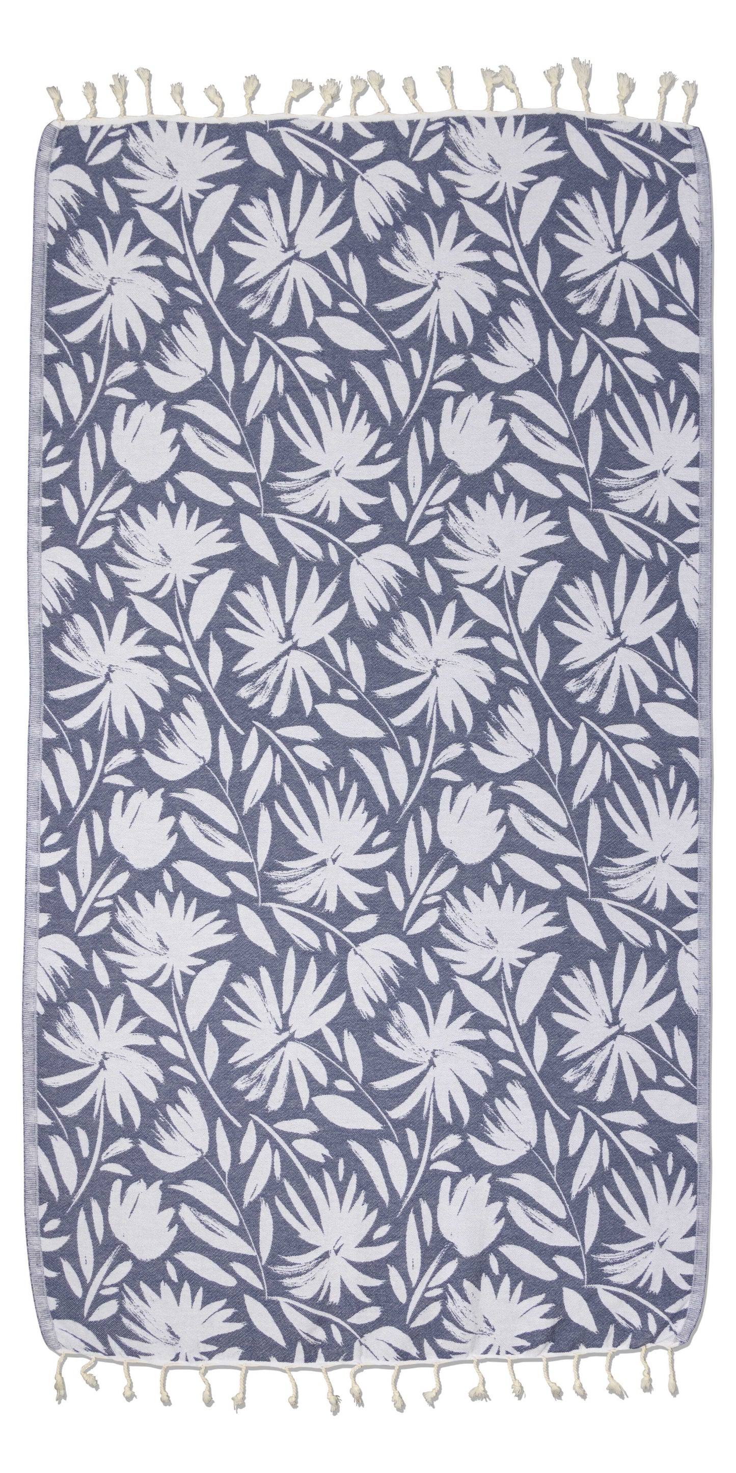 Whimsical Flower Organic Turkish Towel in Navy Blue