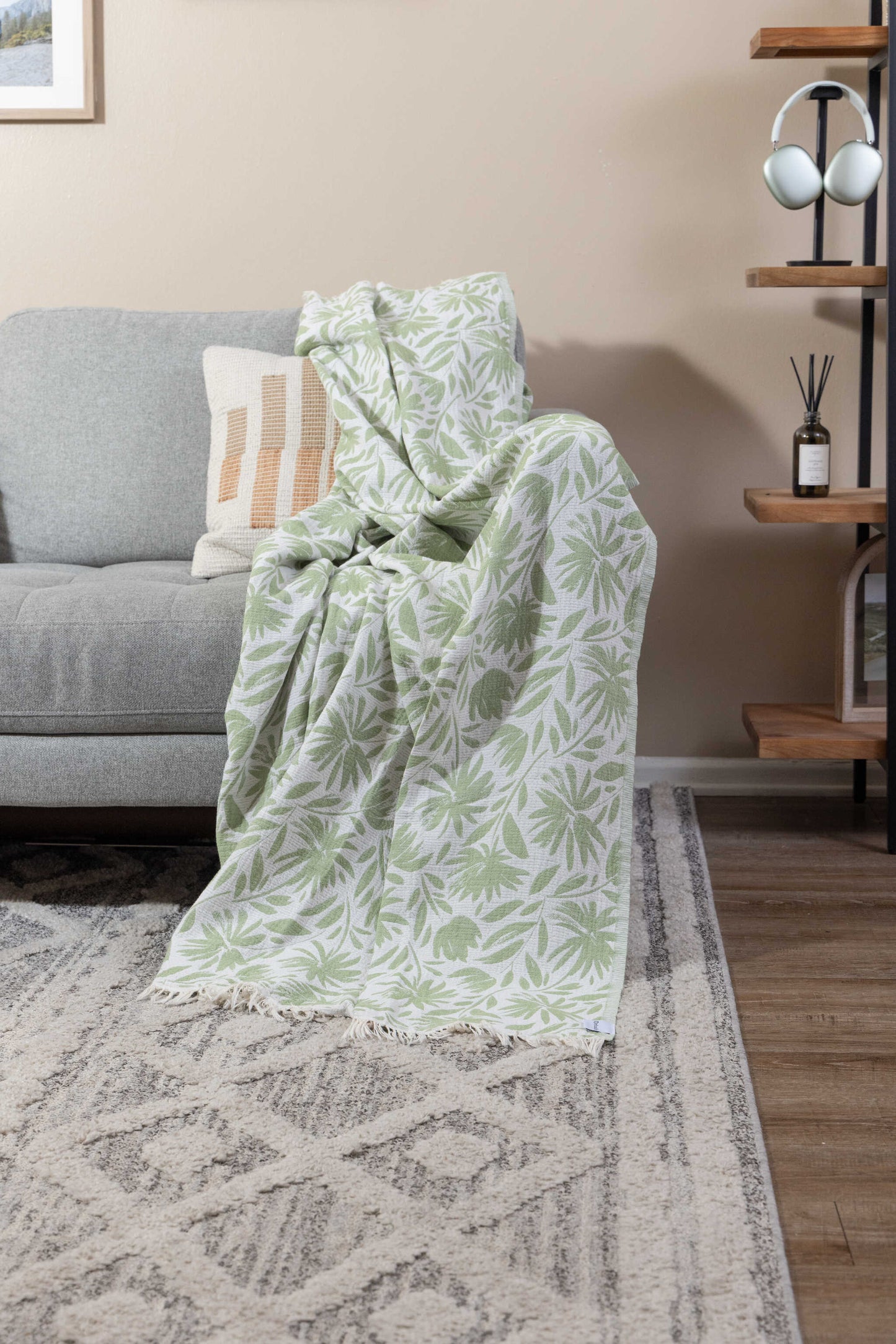 Whimsical Flower Organic Reversible Muslin Blanket in Olive & Natural