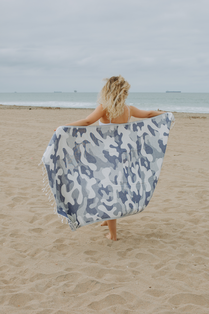 Camo Print Sand Resistant Reversible Turkish Towel in Navy