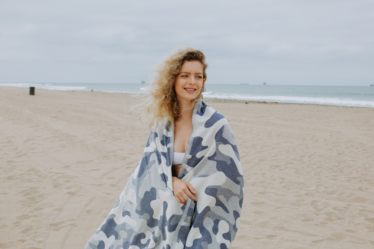 Camo Print Sand Resistant Reversible Turkish Towel in Navy