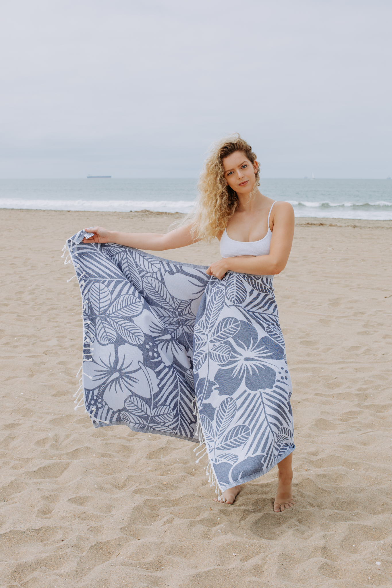 Hawaiian Flower Print Reversible Turkish Towel Made From 100% Cotton in Navy