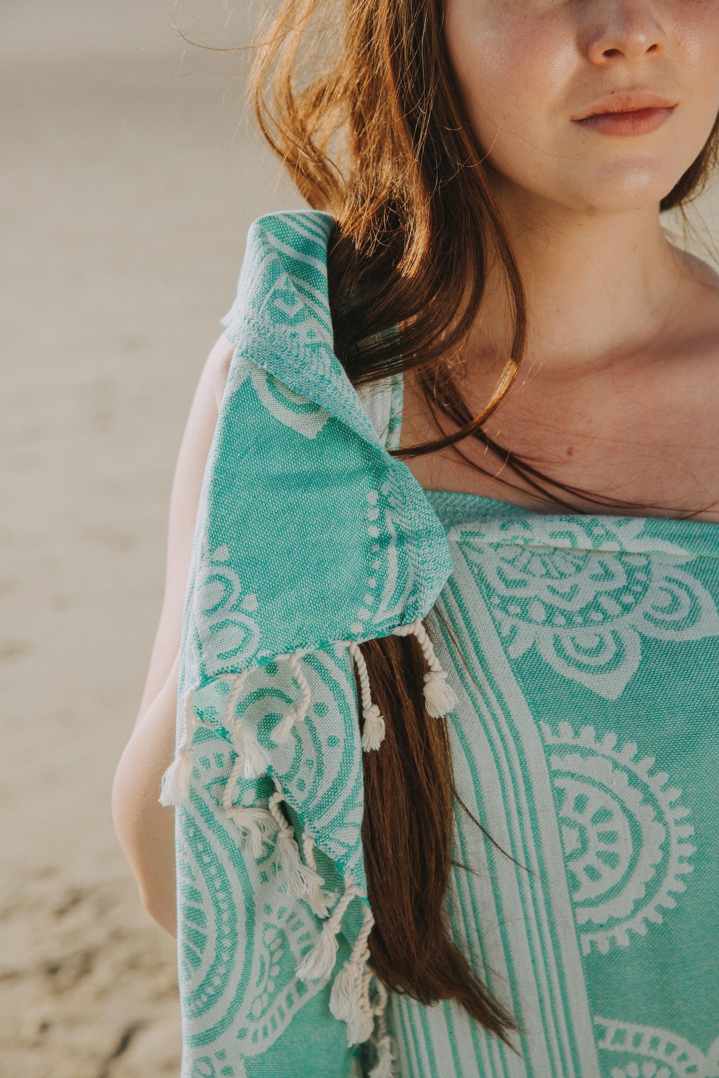 Mandala Flower Sand Resistant Turkish Towel in Seagreen