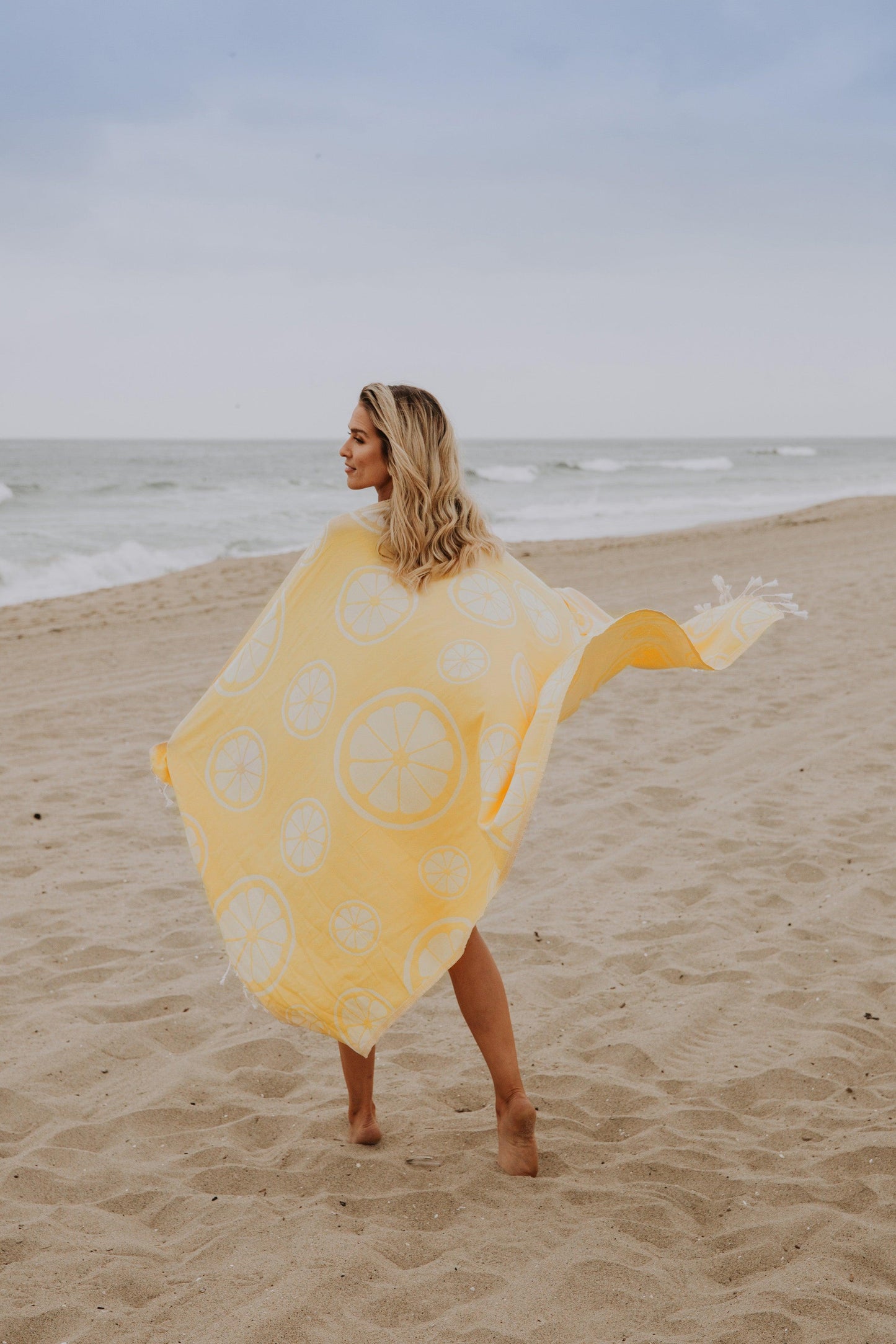 Citrus Print Cotton Reversible Turkish Towel in Lemon