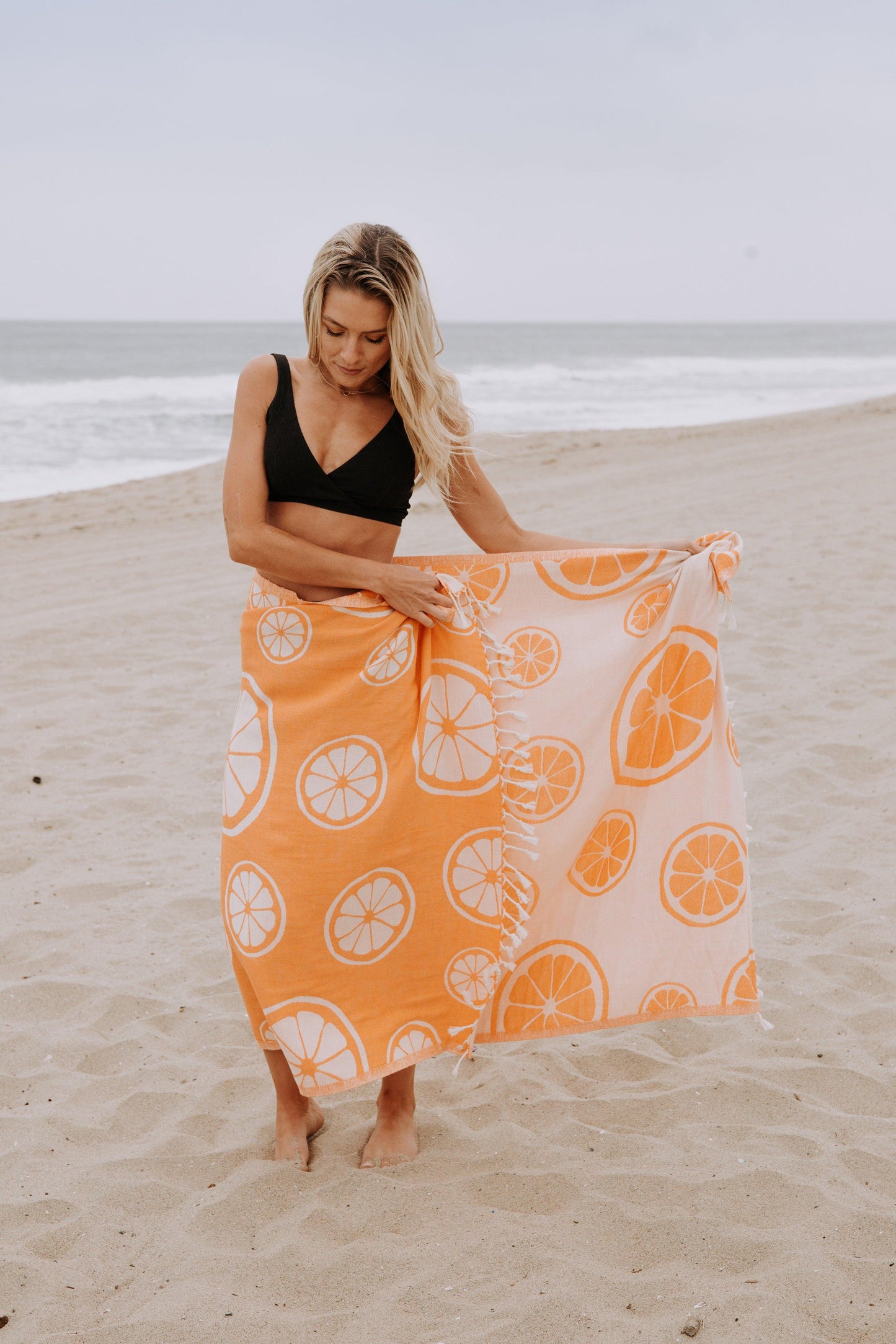 Citrus Print Cotton Reversible Turkish Towel in Orange