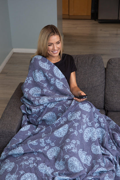 Dandelion Reversible Muslin Blanket in Navy and Blue