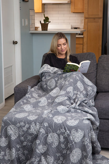 Dandelion Reversible Muslin Blanket in Charcoal and Grey