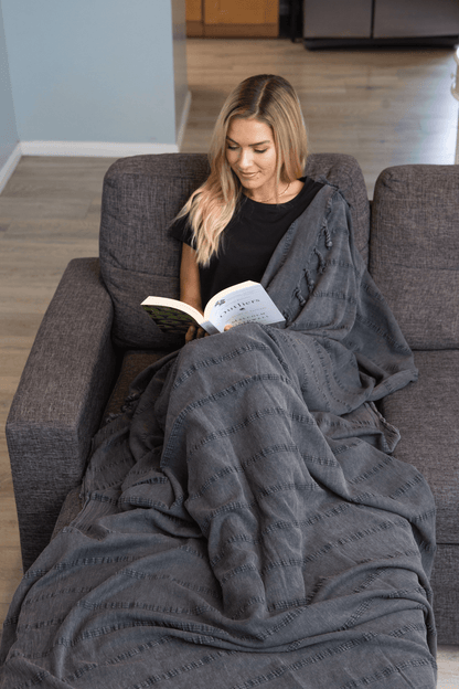 Stonewashed Organic XL Turkish Throw Blanket in Charcoal Grey/Faded Black