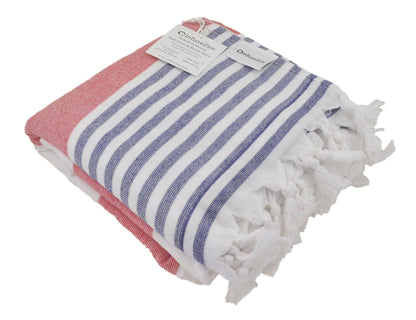 Marine Striped Turkish Towel with Soft Terry Cloth Back in Red and Navy