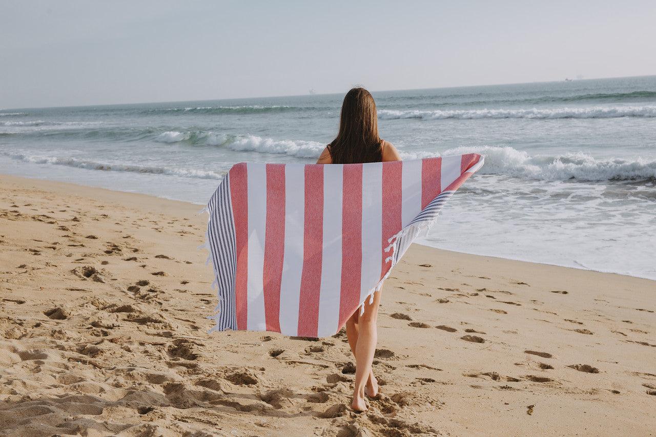 Marine Striped Turkish Towel with Soft Terry Cloth Back in Red and Navy